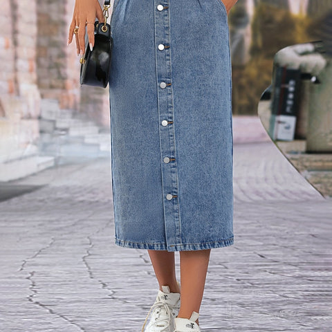 Single Breasted Button Denim Midi Skirt