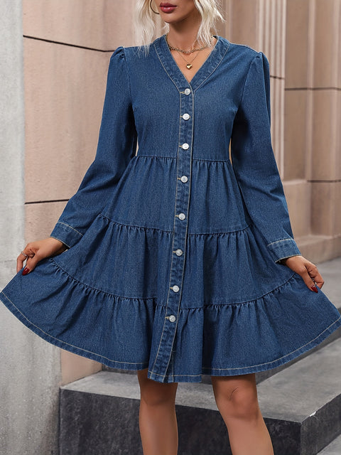 Dark Blue V Neck Denim Dress