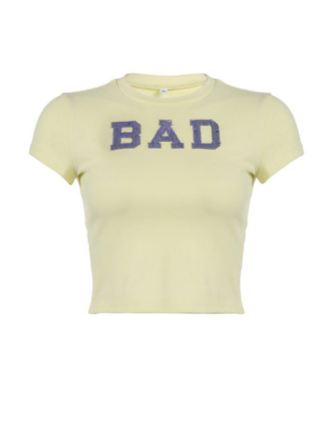 yellow-short-sleeve-bright-slim-letter-sequined-embroidery-top-1