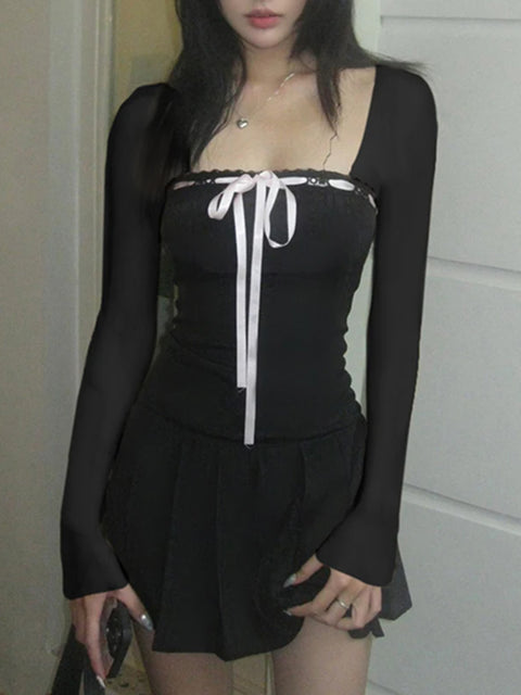 sweet-square-neck-lace-trim-bow-dress-1