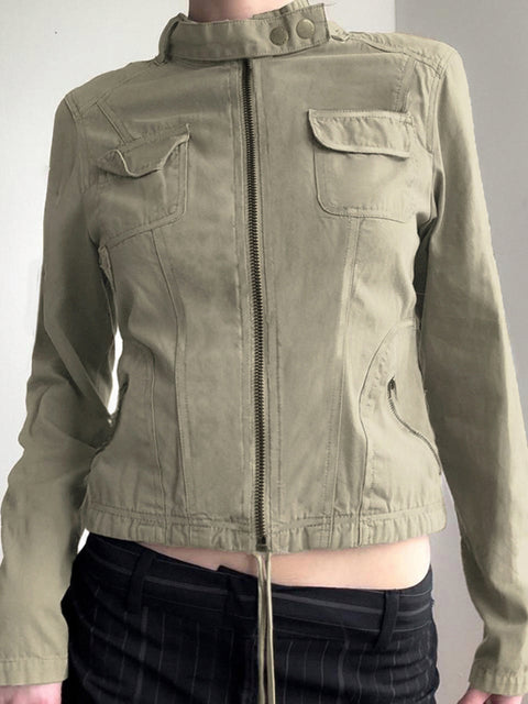 Casual Drawstring Zip-Up Cropped Jacket