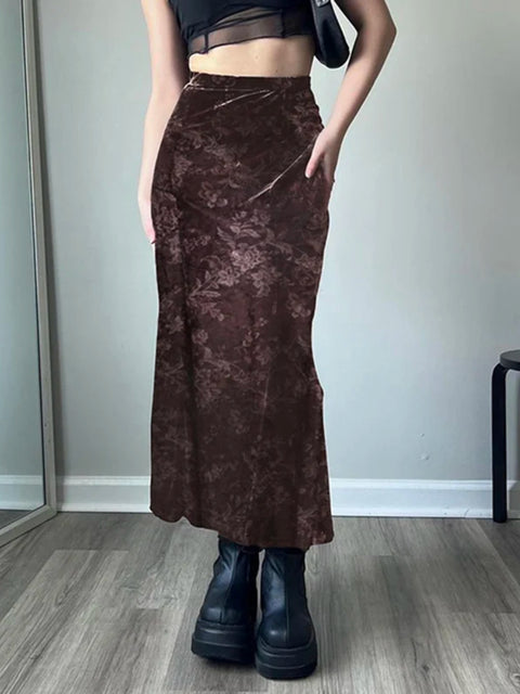 vintage-brown-velour-flowers-printed-long-skirt-1