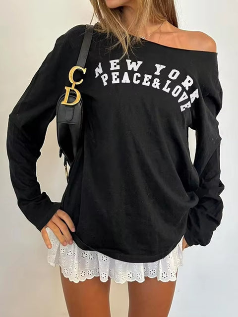 Black Skew Collar Letter Printed Knitted Top