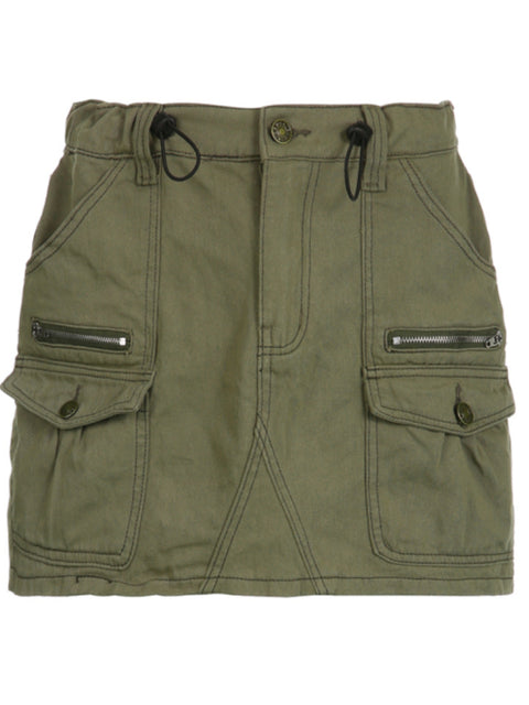 Army Green Pockets Zipper Denim Skirt