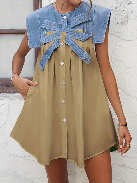 Round Neck Patchwork Denim Dress