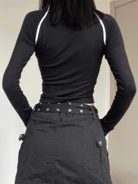 black-casual-sporty-stripe-stitch-slim-zipper-top-3