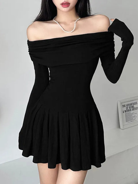 black-off-shoulder-long-sleeve-pleated-dress-1