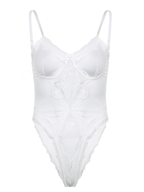 White Lace Trim Bow Sleeveless Sexy Bodysuit