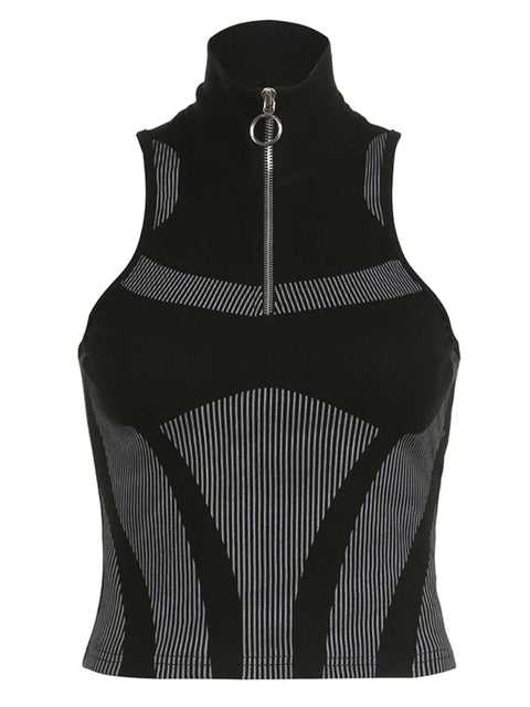 black-fitness-turtleneck-zipper-tank-stripe-printing-top-1