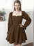 square-neck-brown-ruched-long-sleeve-fashion-solid-pleated-dress-1