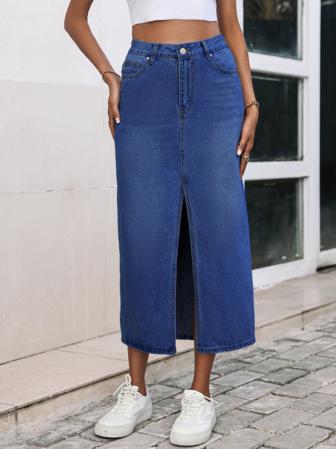 Plain Slash Pockets Denim Midi Skirt