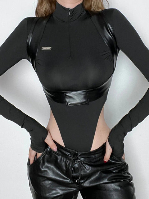 black-bandage-skinny-turtleneck-pu-leather-bodysuit-1