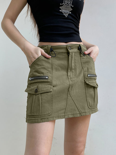 vintage-drawstring-army-green-pockets-zipper-denim-mini-skirt-1