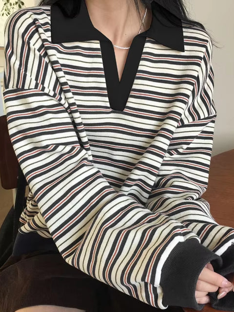 Preppy Striped Contrast Color Pullovers Top
