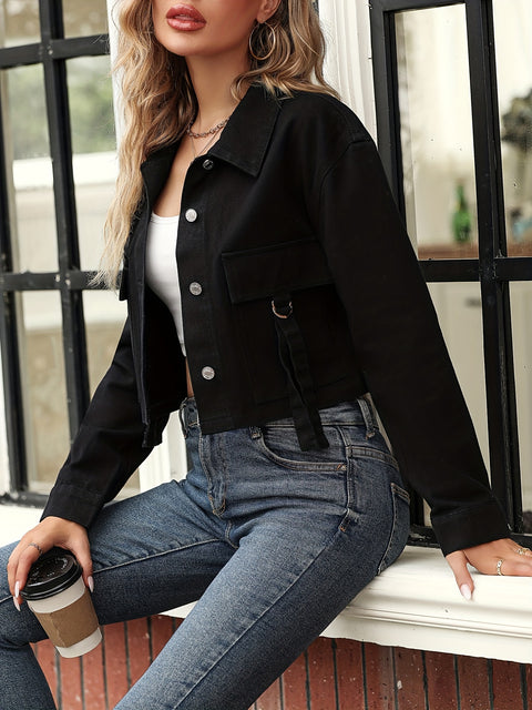 Black Long Sleeves Cargo Denim Jacket