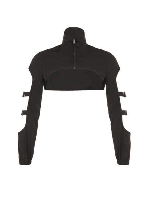 black-buckle-turtleneck-pullover-smock-zipper-top-1