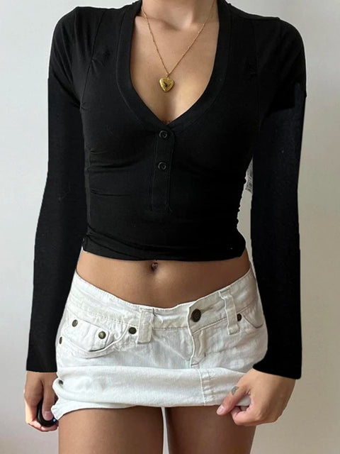 Casual V Neck Buttons Long Sleeves Top