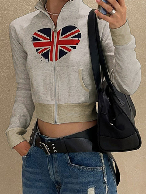 Grey Graphic Print Zipper High Waist Coat