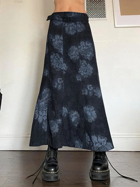Vintage Stitched Belted Floral Printed Long Skirt