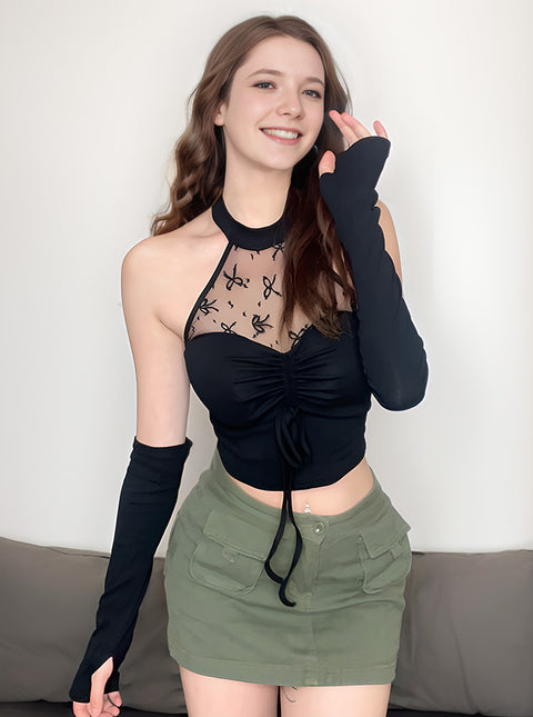 Pieced Mesh Sleeve Covers Backless Tops