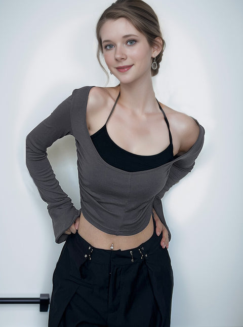 Square Neck Slim Folds 2 Pieces Crop Top