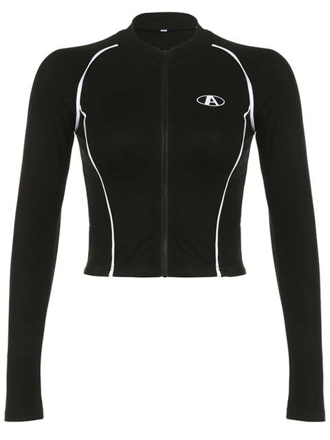 black-casual-sporty-stripe-stitch-slim-zipper-top-1