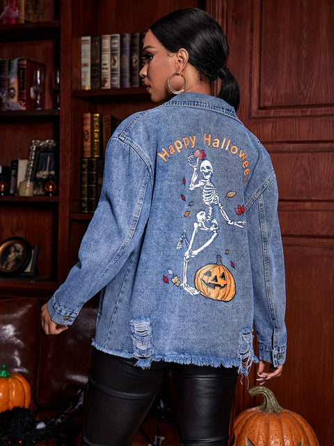 Blue Pumpkin & Skeleton Pattern Denim Jackets