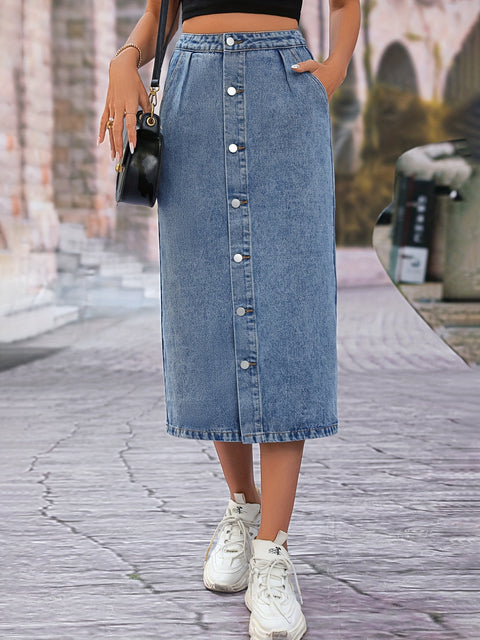 Single Breasted Button Denim Midi Skirt