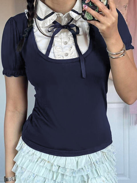 blue-patchwork-bow-ruched-short-sleeve-top-1