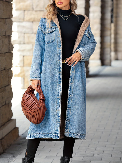 Blue Fleece Liner Long Denim Coat