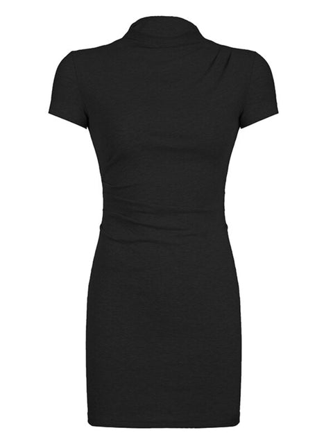 black-casual-stand-collar-folds-slim-mini-dress-1