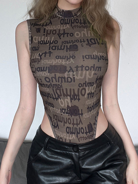 army-green-letter-print-sleeveless-turtle-neck-slim-bodysuit-1