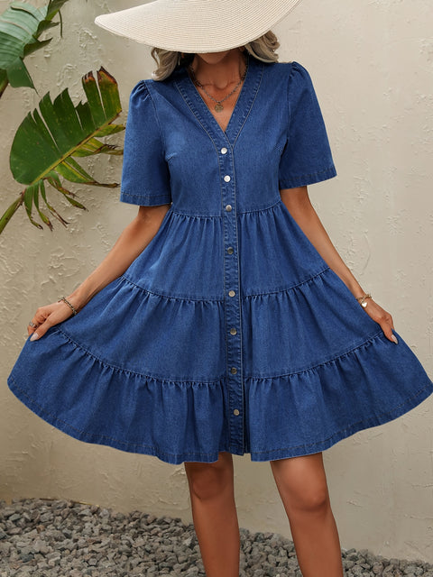 Blue V Neck Denim Dress