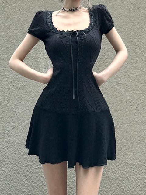 gothic-black-knitted-lace-puff-sleeve-a-line-short-dress-1