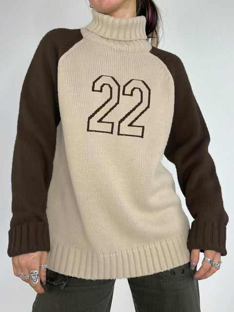 Brown Digital Pattern Turtleneck Pullover Sweater