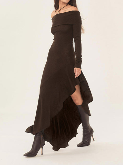 brown-ruffles-slash-neck-midi-dress-1