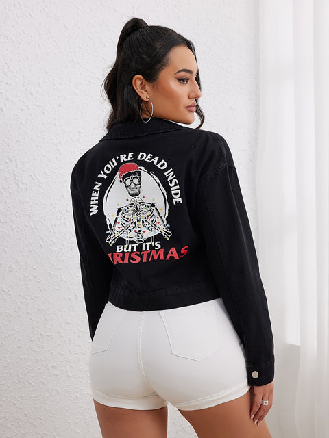 Skeleton & Letter Print Denim Coat