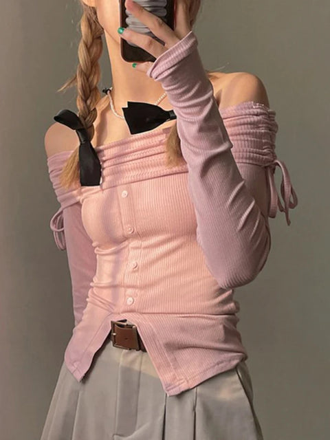Sweet Skinny Drawstring Tiered Off Shoulder Top