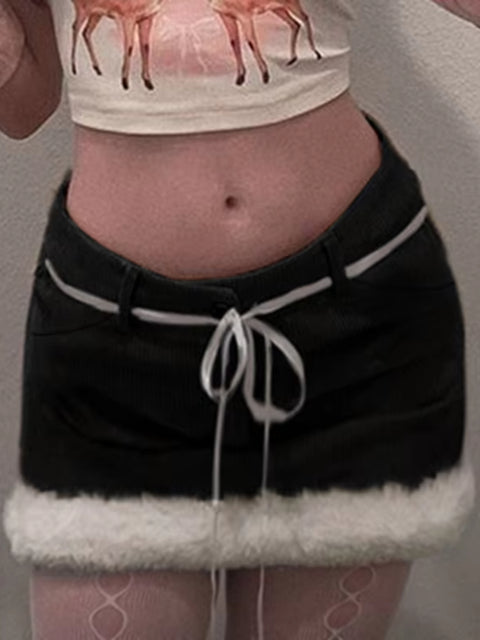 Cute Faux Fur Trim Lace-Up Mini Skirt