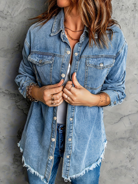 Blue Raw Hem Lapel Denim Coat