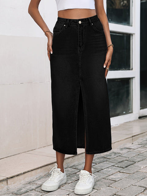 Plain Slash Pockets Denim Midi Skirt