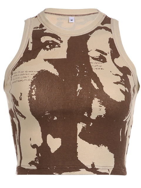 Brown Digital Printing Skinny Backless Top