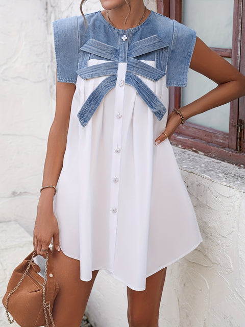 Round Neck Patchwork Denim Dress