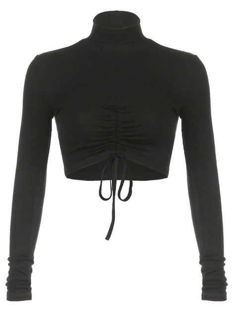 Black Long Sleeve Turtleneck Drawstring Top
