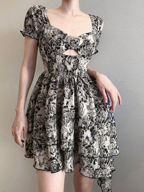 black-flowers-printing-square-neck-puff-sleeve-short-dress-2