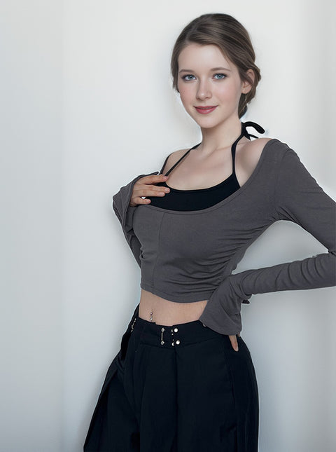 Square Neck Slim Folds 2 Pieces Crop Top