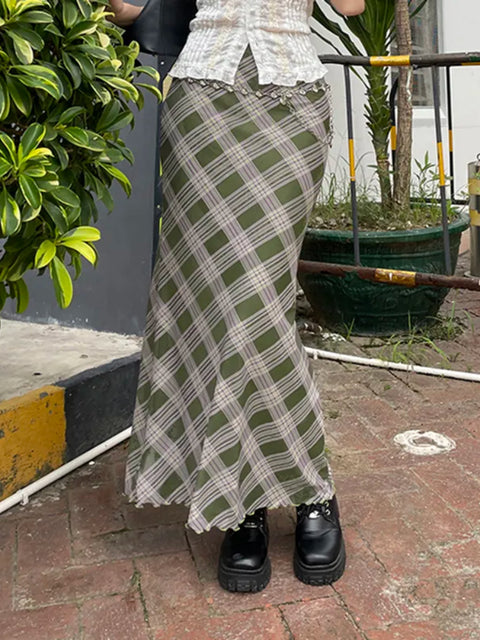 green-frill-low-waist-long-plaid-skirt-1