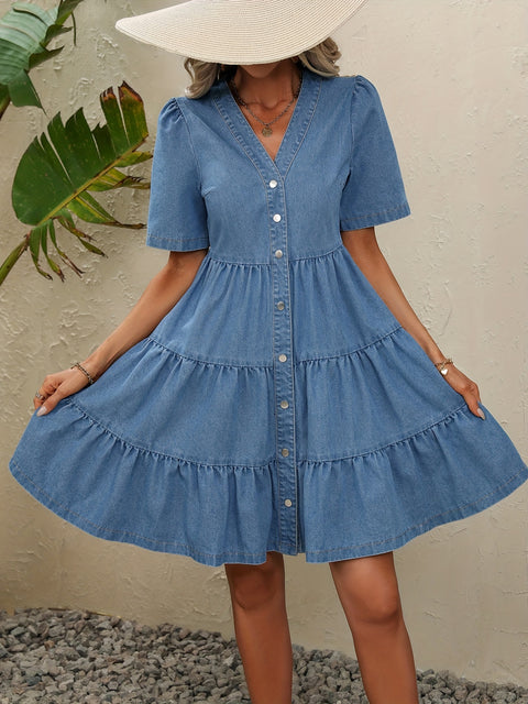 Blue V Neck Denim Dress