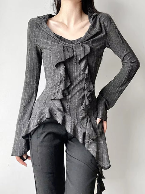 Gothic Ruffles Fringe Asymmetrical Hem Top