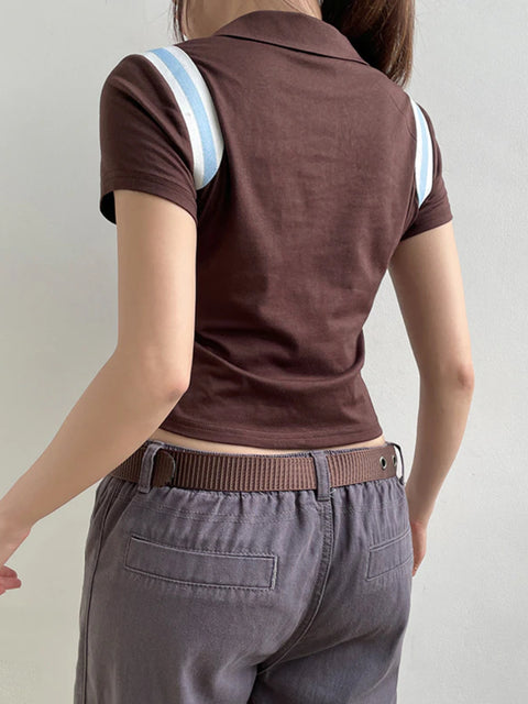 brown-stripe-stitched-buttons-turn-down-collar-short-top-4